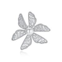 South Sea Shell Brooch, Brass, with Shell Pearl, Flower, platinum color plated, micro pave cubic zirconia & for woman 
