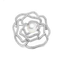 South Sea Shell Brooch, Brass, with Shell Pearl, Flower, platinum color plated, micro pave cubic zirconia & for woman 
