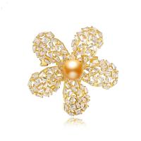 South Sea Shell Brooch, Brass, with Shell Pearl, Flower, plated, micro pave cubic zirconia & for woman 46.5mm 
