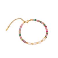 Gemstone Bracelets, 304 Stainless Steel, with Natural Stone & Plastic Pearl, with 1.97inch extender chain, handmade, fashion jewelry & for woman Approx 7.09 Inch 