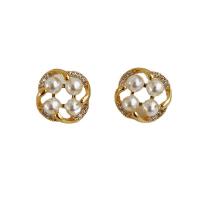 Zinc Alloy Rhinestone Stud Earring, with Plastic Pearl, gold color plated, for woman & with rhinestone & hollow, white, 14mm 