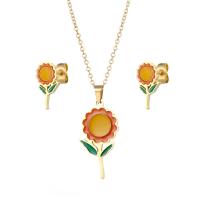 Fashion Stainless Steel Jewelry Sets, 304 Stainless Steel, Stud Earring & necklace, Sunflower, 2 pieces & for woman & enamel, golden Approx 17.72 Inch 