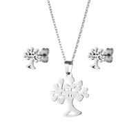 Fashion Stainless Steel Jewelry Sets, 304 Stainless Steel, Stud Earring & necklace, Tree, polished, 2 pieces & fashion jewelry & for woman, silver color Approx 17.72 Inch 