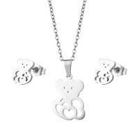 Fashion Stainless Steel Jewelry Sets, 304 Stainless Steel, Stud Earring & necklace, Bear, polished, 2 pieces & fashion jewelry & for woman, silver color Approx 17.72 Inch 
