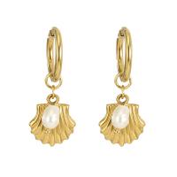 Freshwater Pearl Drop Earring, 304 Stainless Steel, with Freshwater Pearl, Shell, 18K gold plated, fashion jewelry & for woman, 35mm 