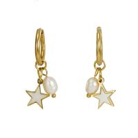 Stainless Steel Drop Earring, 304 Stainless Steel, with White Shell & Plastic Pearl, 18K gold plated, fashion jewelry & for woman 31mm 