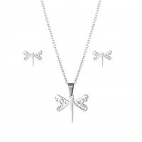 Fashion Stainless Steel Jewelry Sets, 304 Stainless Steel, Stud Earring & necklace, Dragonfly, 2 pieces & fashion jewelry & for woman, silver color Approx 17.72 Inch 