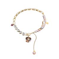 Freshwater Pearl Brass Necklace, with Freshwater Pearl, Heart, gold color plated, for woman & with rhinestone Approx 16.14 Inch 