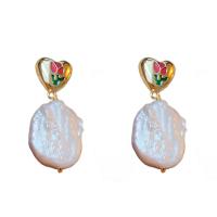 Freshwater Pearl Drop Earring, Zinc Alloy, with Freshwater Pearl, Heart, gold color plated, with flower pattern & for woman & enamel 