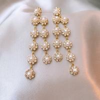 Rhinestone Brass Drop Earring, Zinc Alloy, with Plastic Pearl, Flower, gold color plated, for woman & with rhinestone 