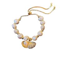Cultured Freshwater Pearl Brass Bracelet, with Brass, Shell, gold color plated, micro pave cubic zirconia & for woman Approx 5.3 Inch 