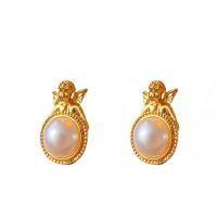 Zinc Alloy Stud Earring, with Plastic Pearl, Angel, gold color plated, vintage & for woman 