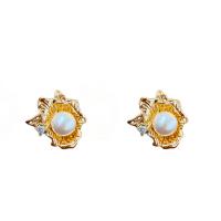 Cubic Zirconia Micro Pave Brass Earring, with Plastic Pearl, Flower, real gold plated, micro pave cubic zirconia & for woman 