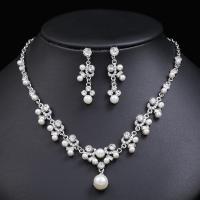 Rhinestone Zinc Alloy Jewelry Set, Stud Earring & necklace, with Plastic Pearl, with 1.97inch extender chain, platinum color plated, 2 pieces & fashion jewelry & for woman & with rhinestone, 4cm Approx 16.54 Inch 