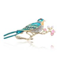 Enamel Brooch, Zinc Alloy, with Plastic Pearl, Bird, gold color plated, for woman & with rhinestone, green 