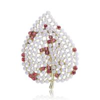 Plastic Pearl Brooch, Zinc Alloy, with Plastic Pearl, Leaf, gold color plated, Unisex & with rhinestone & hollow 