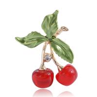 Enamel Brooch, Zinc Alloy, with Resin, Cherry, gold color plated, for woman & with rhinestone, red 