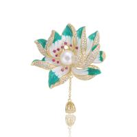 Cubic Zirconia Brooch, Brass, with Plastic Pearl, Flower, gold color plated, can be used as brooch or pendant & micro pave cubic zirconia & for woman & enamel, green 