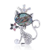 Shell Brooch, Zinc Alloy, with Abalone Shell & Plastic Pearl, Cat, silver color plated, for woman & with rhinestone, green 