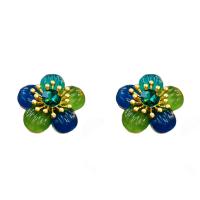 Rhinestone Brass Stud Earring, with Resin, Flower, gold color plated, for woman & with rhinestone 