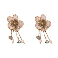Fashion Fringe Earrings, Brass, with Plastic Pearl & Acrylic, Flower, gold color plated, for woman & with rhinestone 