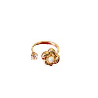 Cubic Zirconia Micro Pave Brass Finger Ring, with Plastic Pearl, Flower, gold color plated, adjustable & micro pave cubic zirconia & for woman 