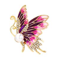Enamel Brooch, Zinc Alloy, with Plastic Pearl, Butterfly, for woman & with rhinestone 