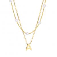Mode-Multi-Layer-Halskette, 304 Edelstahl, mit Kunststoff Perlen, mit Verlängerungskettchen von 5cm, Alphabet-Buchstabe, Vakuum-Ionen-Beschichtung, Doppelschicht & Buchstaben sind von A bis Z, goldfarben, Länge:45 cm, 38 cm, verkauft von PC