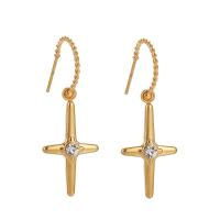 Stainless Steel Drop Earring, 304 Stainless Steel, Cross, Vacuum Ion Plating, fashion jewelry & for woman & with rhinestone, golden 