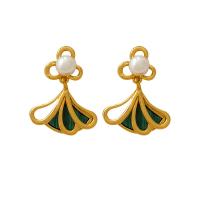 Brass Drop Earring, with Malachite & Plastic Pearl, gold color plated, fashion jewelry & for woman 