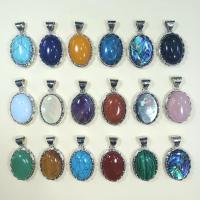 Gemstone Zinc Alloy Pendants, with Zinc Alloy, Oval, silver color plated, Unisex 