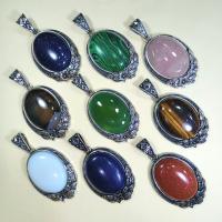 Gemstone Zinc Alloy Pendants, with Zinc Alloy, Oval, silver color plated, Unisex 