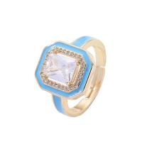 Cubic Zircon Brass Finger Ring, with Cubic Zirconia, Square, gold color plated, for woman & enamel Inner Approx 17mm 