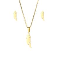 Fashion Stainless Steel Jewelry Sets, 304 Stainless Steel, Stud Earring & necklace, Feather, 2 pieces & fashion jewelry & for woman, golden Approx 17.72 Inch 