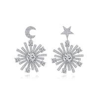 Asymmetric Earrings, Brass, Moon and Star, platinum color plated, micro pave cubic zirconia & for woman 