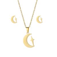 Fashion Stainless Steel Jewelry Sets, 304 Stainless Steel, Stud Earring & necklace, Moon and Star, 2 pieces & fashion jewelry & for woman, golden Approx 17.72 Inch 