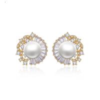 Cubic Zirconia Micro Pave Brass Earring, with Shell Pearl, Teardrop, plated, micro pave cubic zirconia & for woman 