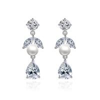 Cubic Zirconia Micro Pave Brass Earring, with Shell Pearl, platinum color plated, micro pave cubic zirconia & for woman 