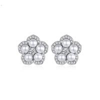 Cubic Zirconia Micro Pave Brass Earring, with Shell Pearl, Flower, platinum color plated, micro pave cubic zirconia & for woman 