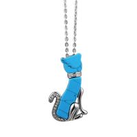 Titan Schmuck Halskette, Titanstahl, mit Synthetische Türkis, Katze, unisex & mit Strass, blau, 28x44mm, Länge:ca. 60 cm, verkauft von PC