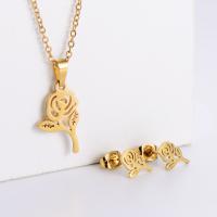 Fashion Stainless Steel Jewelry Sets, 316L Stainless Steel, Stud Earring & necklace, Rose, 18K gold plated, 2 pieces & fashion jewelry & for woman, golden, 10*20mm,1.5mm Approx 17.72 Inch 