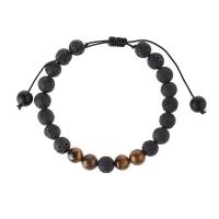 Gemstone Bracelets, Lava, with Polyester Cord & Tiger Eye, Round, adjustable & for man, black Approx 18-30 cm 