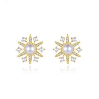 Cubic Zirconia Micro Pave Brass Earring, with Shell Pearl, Flower, plated, micro pave cubic zirconia & for woman 