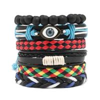 PU Leather Cord Bracelets, with Wax Cord & Wood & Zinc Alloy, 6 pieces & fashion jewelry & for man Approx 17-18 cm 