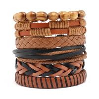 PU Leather Cord Bracelets, with Wax Cord & Wood, 6 pieces & fashion jewelry & for man Approx 17-18 cm 