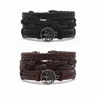 PU Leather Cord Bracelets, with Linen & Wax Cord & Zinc Alloy, three pieces & fashion jewelry & for man Approx 17-18 cm 
