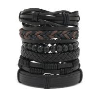 PU Leather Cord Bracelets, with Linen & Wax Cord & Wood, 6 pieces & fashion jewelry & for man, black Approx 17-18 cm 