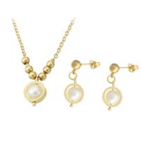 Fashion Stainless Steel Jewelry Sets, 316 Stainless Steel, earring & necklace, with ABS Plastic Pearl, gold color plated, 2 pieces & fashion jewelry & for woman, two different colored .8 Inch 