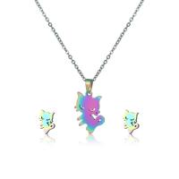 Fashion Stainless Steel Jewelry Sets, 304 Stainless Steel, Stud Earring & necklace, Cat, 2 pieces & fashion jewelry & for woman, multi-colored Approx 17.72 Inch 