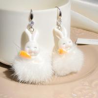 Fluffy Pom Pom Earrings, Resin, Rabbit, fashion jewelry & for woman, white 
